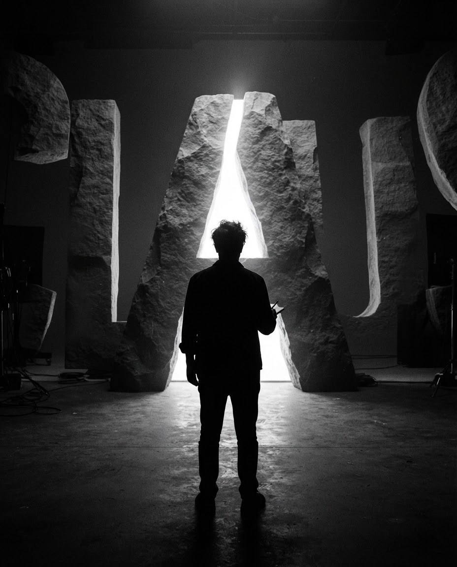 Diretor de arte em silhueta diante das letras de pedra CLAUS, com luz atravessando o A