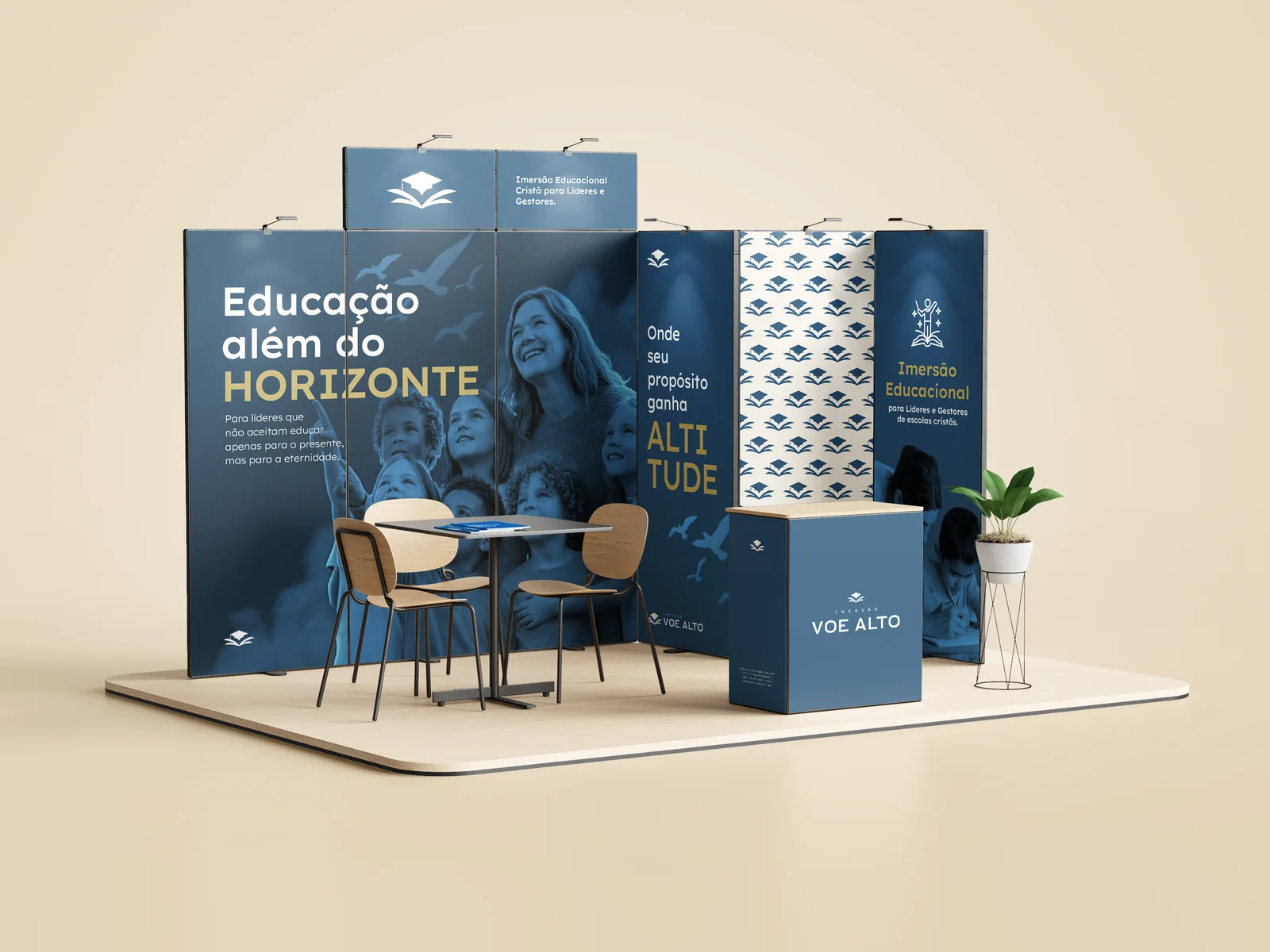 Stand institucional — 'Educação além do HORIZONTE' em escala de evento